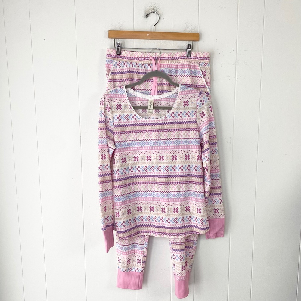 Jessica Simpson Pink Fair Isle Waffle Knit Pajama Set Medium Festive Holiday